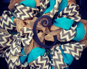 Burlap wreath with turquoise//grey//white chevron with black center letter