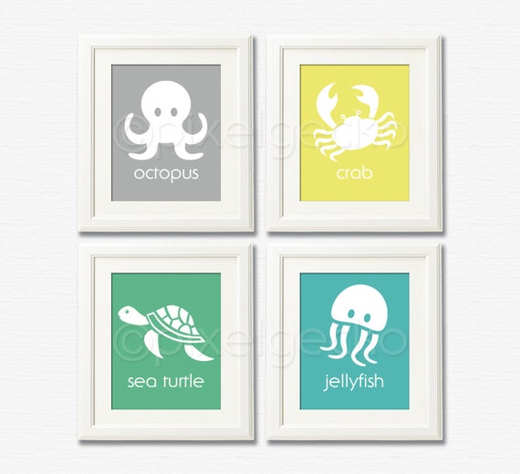 Items similar to Kids Bathroom wall art, Teal, Green, Yellow and Gray Nursery Decor, Ocean Art 