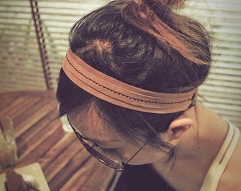 Hand stitched Tan Oil leather headband, leather hairband unisex style.
