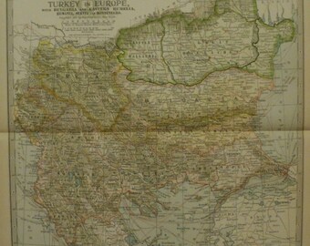 Balkan Map,Turkey Map,Turkey Europe Map,Bulgaria Servia Serbia Rumelia Balkan Peninsula Map,Atlas Map Art,Place on World Map,1902 10x15 VS14
