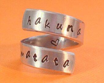 Hakuna Matata Lion King Inspired Twist Ring - Heart Inside Aluminum Wrap Ring - Style C - handed stamped Ring