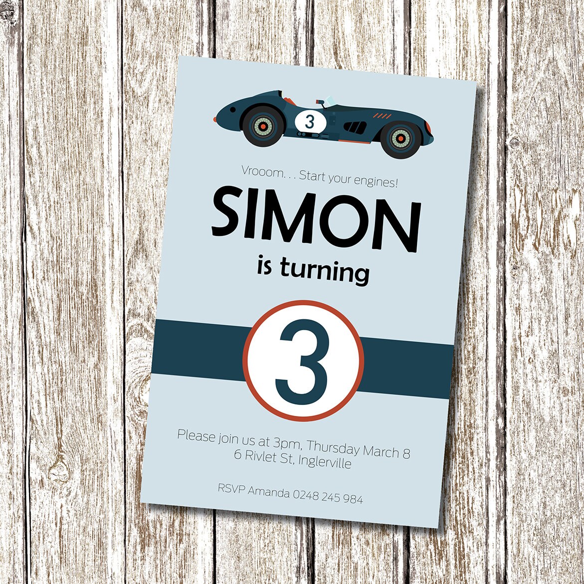 Vintage Race Car Birthday Party Invitation Printable and