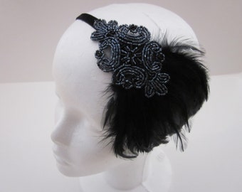 Gray 1920s headband, great gatsby headpiece , black feather black fascinator, flapper headband gray grey dress gatsby 1920s hair accessories