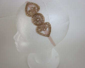 Great Gatsby Champagne Headpiece, 1920s Flapper headband, Antique Gold Beaded Headpiece, Downton Abbey headpiece