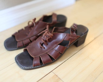 vintage lace up brown leather strappy sandals womens 8 1/2 *