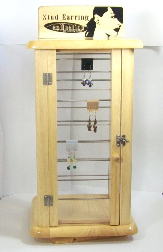 Earring Display Case Birch Wood Enclosed Revolving