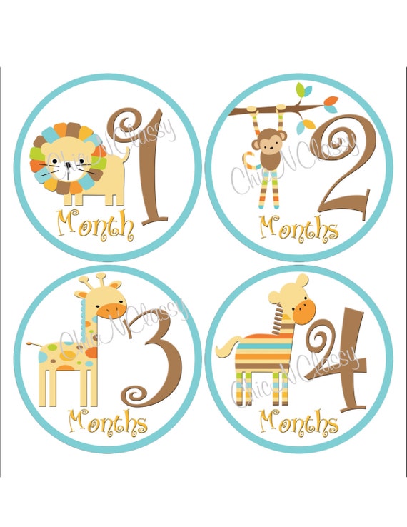 animal monthly stickers mod zoo blue printable round