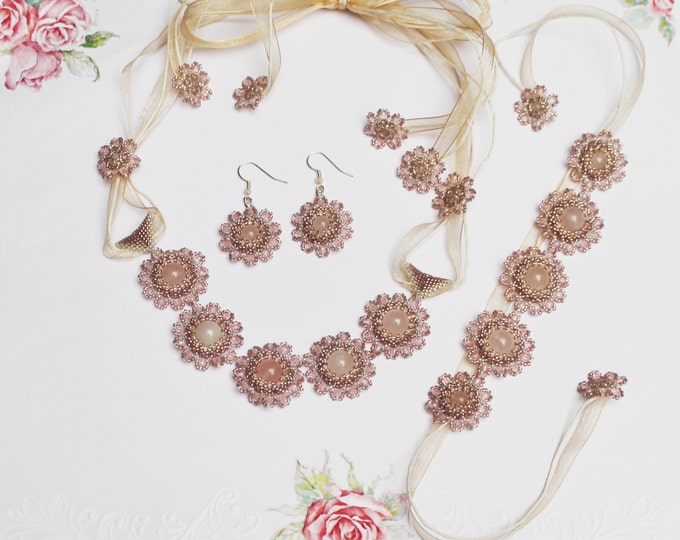 3 PCs. Jewelry set "Blossoming almond" necklace, bracelet, earrings, Bridal jewelry, spring