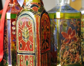 Hand Painted Glass Bottle, red and green. floral, leaves, made per order