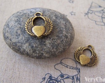 10 pcs of Antique Bronze Angel Heart Wing Charms 15mm A5268