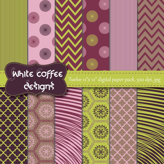 Mother's day digital paper, chevron, quatrefoil, purple, green, scrapbook paper, premade pages, background, instant download, digital supply Il_570xn