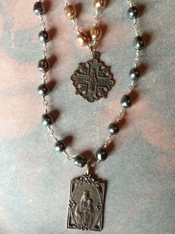 Religious Medal Scapular and Madonna Medals on Baroque Pearls