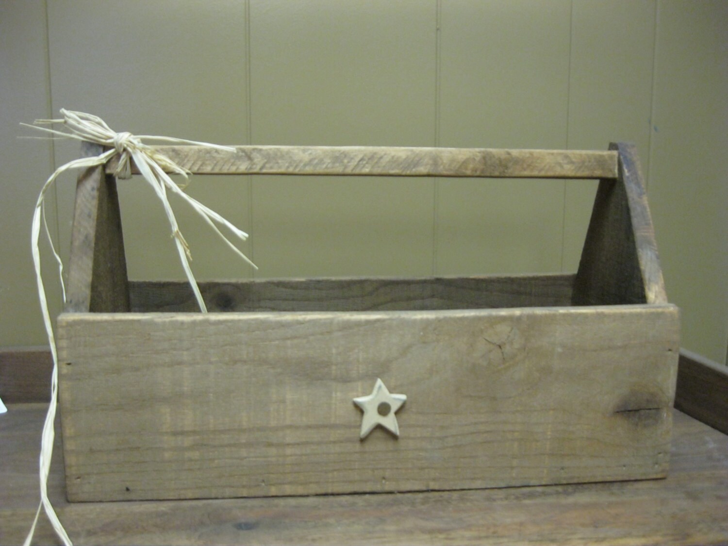 Large Old Barn Wood tool box w/ raffia by DedesCountryCrafts