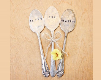 Plant Garden Markers - THREE Vintage Spoon Herb Markers - Antique Silver Plated - Hand Stamped - Rustic - Custom