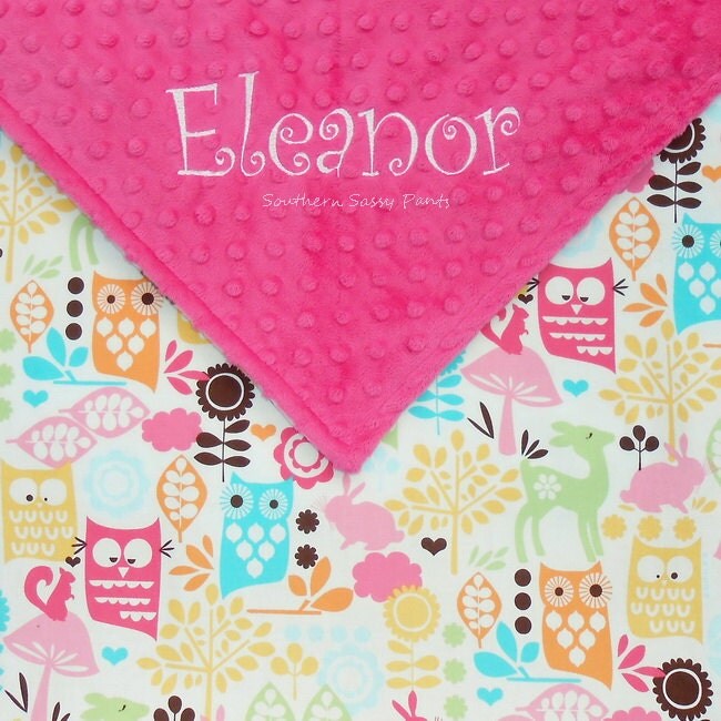 Personalized Baby Girl Blanket Forest Animals and Minky Dot