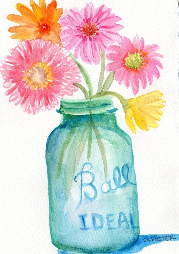 Gerbera Daisies in Aqua Canning Jar Watercolor Painting 5 x