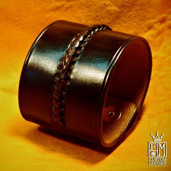2.25" chocolate brown classic leather cuff with hand braided center and scribed edges handmade for you in NYC by Freddie Matara