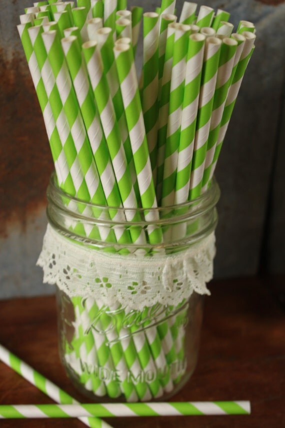 Bright Green Striped Paper Straws- Set of 20 Il_570xn
