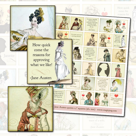 Jane Austen Quotes and Regency Era Fashion 1.5 inch square