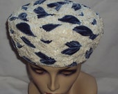 Brandt NY Hat Womens Cellophane Straw & Raffia Pillbox Hat Velvet Leaves Mad Men Vintage 1950s