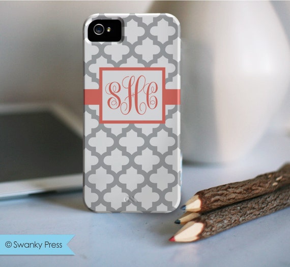 iPhone 5 - personalized custom iPhone cell phone case - "quatrefoil grey and coral" Il_570xn