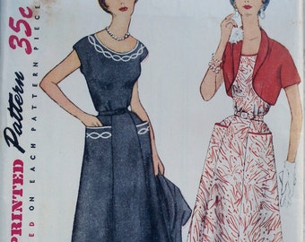 Vintage 1950s Dress & Bolero Jacket Pattern Simplicity 4651 Bust 32 Factory Folded