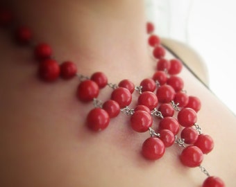 CORAL-Brick Red Swarovski Crystal Pearl Silver Bib Style Necklace