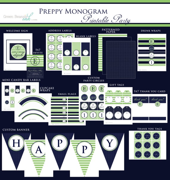 PREPPY MONOGRAM Printable Party Decor Package and Invitation - navy and green Il_570xn