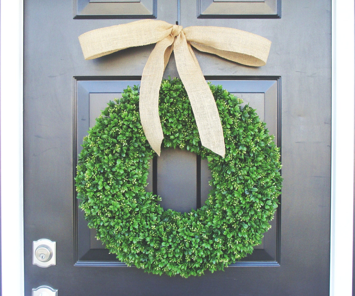 Artificial Boxwood Wreath- Spring Wreath- Door Wreath- Year Round Wreath- Spring Decor- Burlap Bow- Fall Wreath