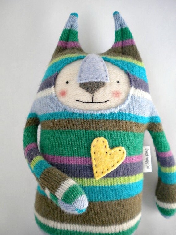 Stuffed Animal Cat Upcycled Striped Wool Sweater by sweetpoppycat