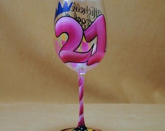 Pink Personalized 21st Birthday Wine Glass Has Candles