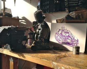 Double Motorcycles - Letterpress Print - Antique Print Block