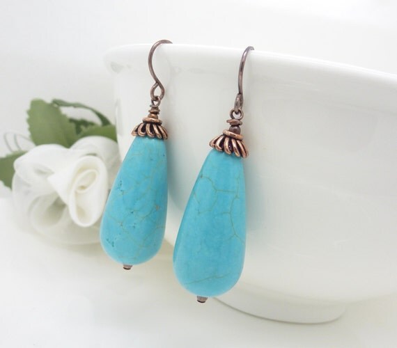 Turquoise earrings in copper handmade beaded turquoise and