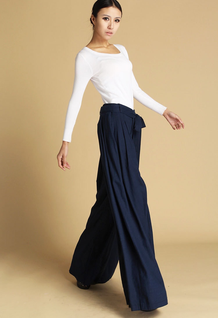 Navy blue pants women wild leg pants maxi pants with self