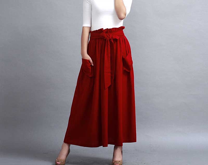 Red skirt A line skirt Maxi linen skirt Pleated skirt