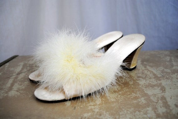 Vintage Sexy Marabou Feather Slippers Pumps Heels Shoes
