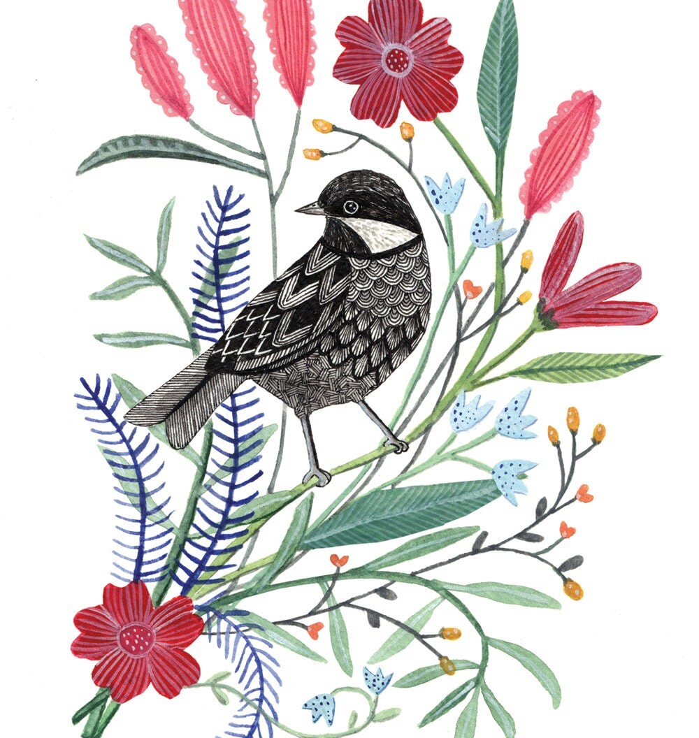 Spring Bird with Flowers Art Print 8x10