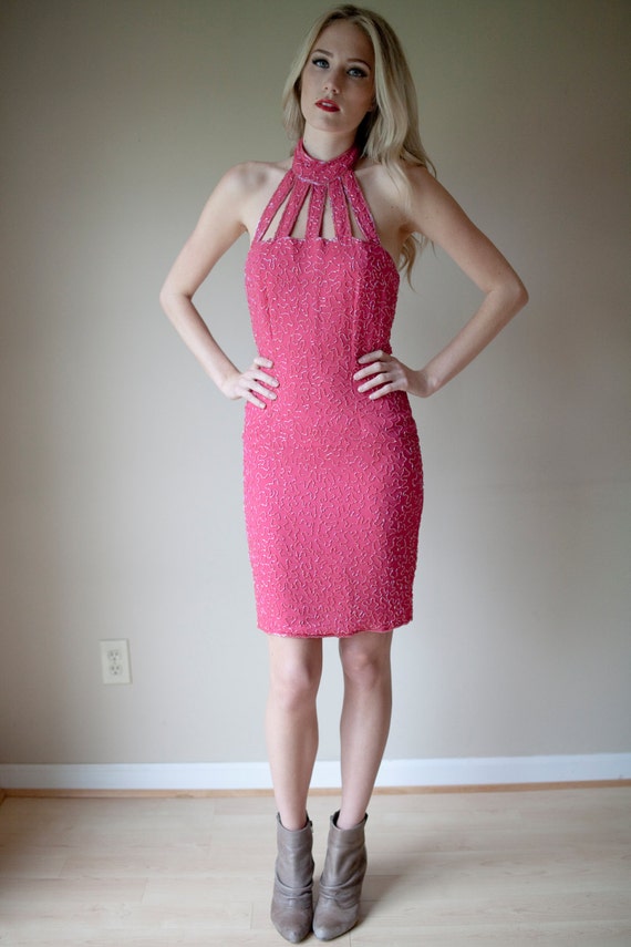 SALE 80s Party Dress / Silk Sequin Hot Pink Dress / Cut Out