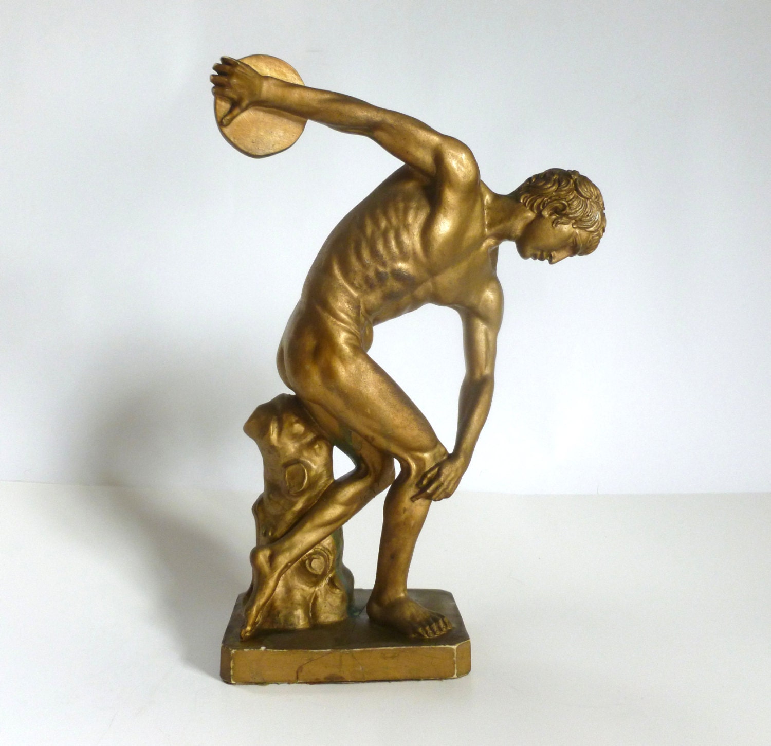 Mid Century 11.25 Gold Discus Thrower Statue Greek Roman