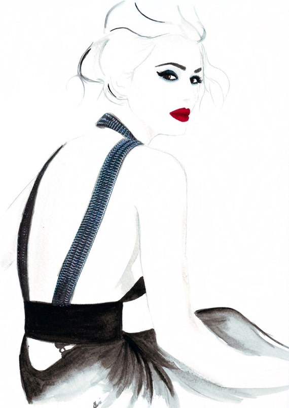 Watercolour fashion illustration Titled Dramatic in Saint Laurent