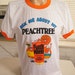 ViNTAGE FUZZY NAVEL T SHiRT "Ask Me About My Peachtree" DeKuyper Liquor 80s Ringer XL (43 inches around chest)