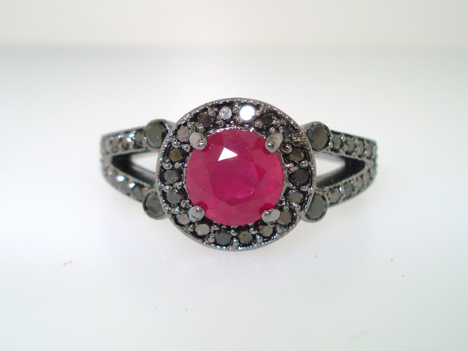 Ruby & Black Diamond Engagement Ring 14k Black Gold Vintage