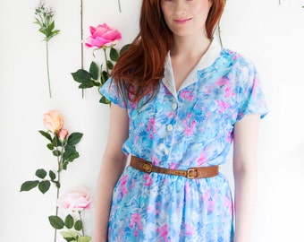 Bethany, French Vintage, 1970s Blue Floral Mini Dress from Paris