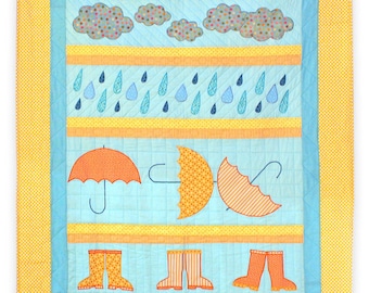 Rainy Day Single/Twin Quilt with umbrellas, gumboots, clouds and raindrops