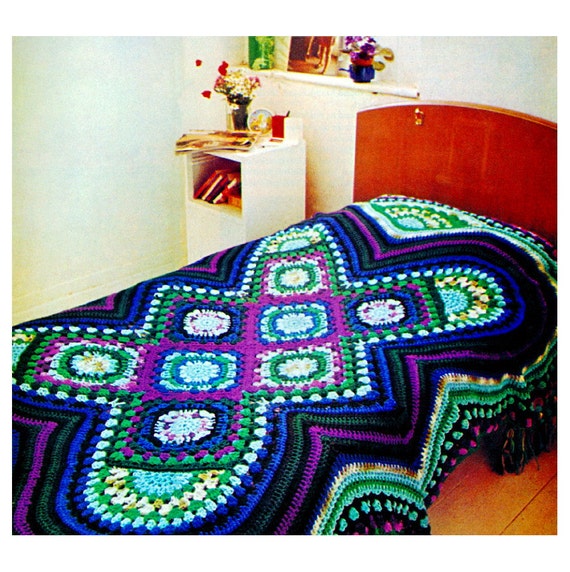 Vintage Crochet Pattern Exotic Granny Square Bedspread 1970s Afghan Digital Download PDF