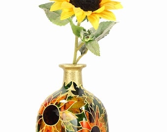 Hand Painted Glass "Patron" bottle Sunflower design Summer Home Decor - Decorative Glass Art