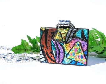 Abstract Art Pendant, Dichroic Glass Pendant, Fused Glass Jewelry, Bright Colorful, Rainbow, Tribal, Zentangle, Unique (Item 10517-P)