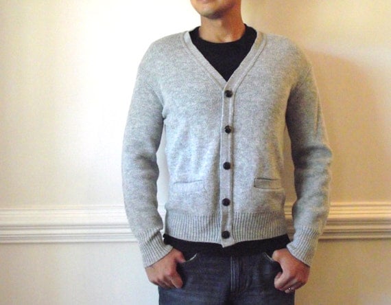 60s Cardigan Sweater / Gray Mens 1960s Style Button Down
