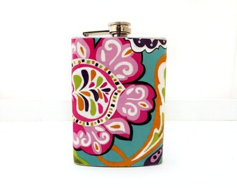 Floral Flask for Women, 6 oz Hip Flask, Colorful Flask, Blue, Orange and Pink, Womens Gift