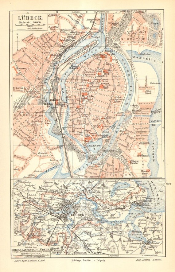 1905 Original Antique City Map of the Hanseatic City of Lübeck